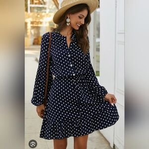 Polka Dot Long Sleeve Navy Dress